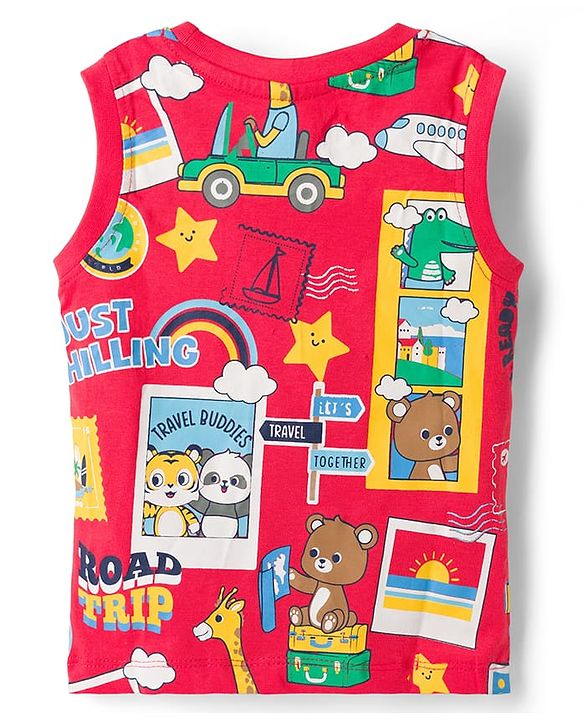 Babyhug 100% Cotton Knit Sleeveless Striped Nautical Theme & Bear Printed Tank T-Shirts Pack of 3 - Multicolour