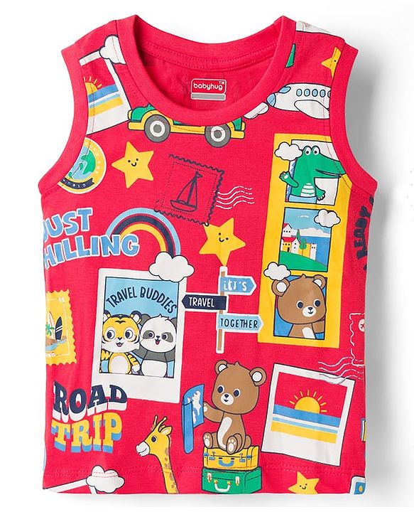 Babyhug 100% Cotton Knit Sleeveless Striped Nautical Theme & Bear Printed Tank T-Shirts Pack of 3 - Multicolour