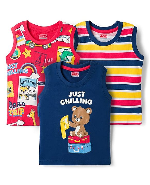 Babyhug 100% Cotton Knit Sleeveless Striped Nautical Theme & Bear Printed Tank T-Shirts Pack of 3 - Multicolour