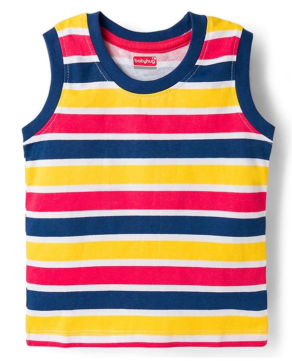 Babyhug 100% Cotton Knit Sleeveless Striped Nautical Theme & Bear Printed Tank T-Shirts Pack of 3 - Multicolour