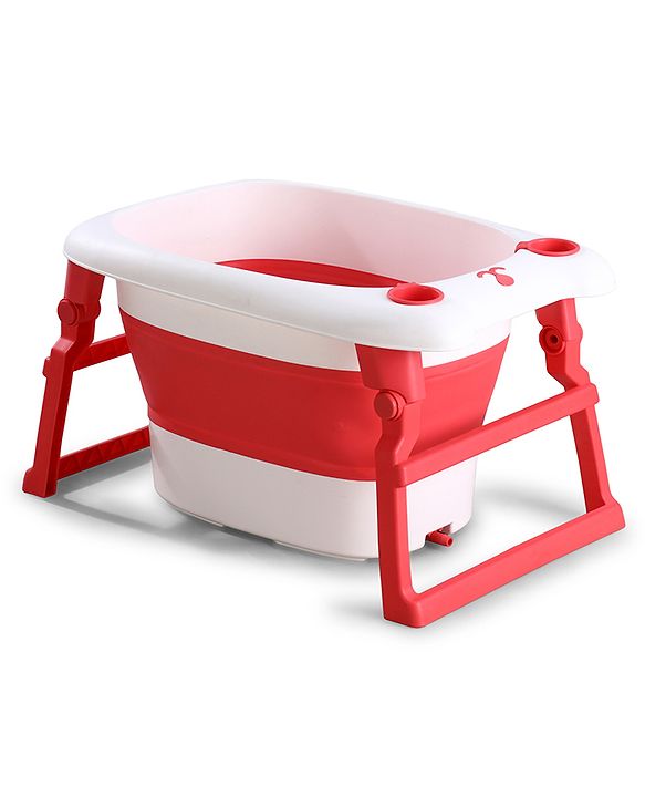 Babyhug 2-in-1 Foldable Baby Bath Tub with Bathing Chair & Soft Cushion - Red| Anti-Slip Base| Space-Saving Design| Comfortable & Safe for Newborns to Toddlers| 0-3 Years