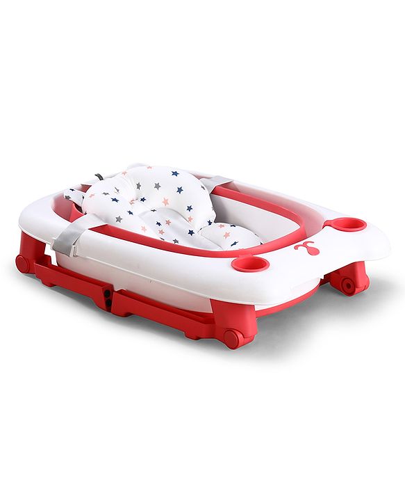 Babyhug 2-in-1 Foldable Baby Bath Tub with Bathing Chair & Soft Cushion - Red| Anti-Slip Base| Space-Saving Design| Comfortable & Safe for Newborns to Toddlers| 0-3 Years