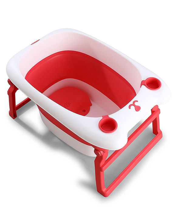 Babyhug 2-in-1 Foldable Baby Bath Tub with Bathing Chair & Soft Cushion - Red| Anti-Slip Base| Space-Saving Design| Comfortable & Safe for Newborns to Toddlers| 0-3 Years