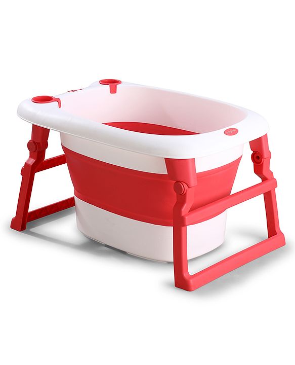 Babyhug 2-in-1 Foldable Baby Bath Tub with Bathing Chair & Soft Cushion - Red| Anti-Slip Base| Space-Saving Design| Comfortable & Safe for Newborns to Toddlers| 0-3 Years