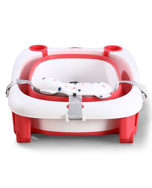Babyhug 2-in-1 Foldable Baby Bath Tub with Bathing Chair & Soft Cushion - Red| Anti-Slip Base| Space-Saving Design| Comfortable & Safe for Newborns to Toddlers| 0-3 Years
