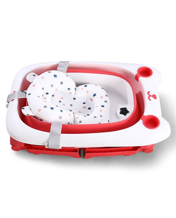 Babyhug 2-in-1 Foldable Baby Bath Tub with Bathing Chair & Soft Cushion - Red| Anti-Slip Base| Space-Saving Design| Comfortable & Safe for Newborns to Toddlers| 0-3 Years