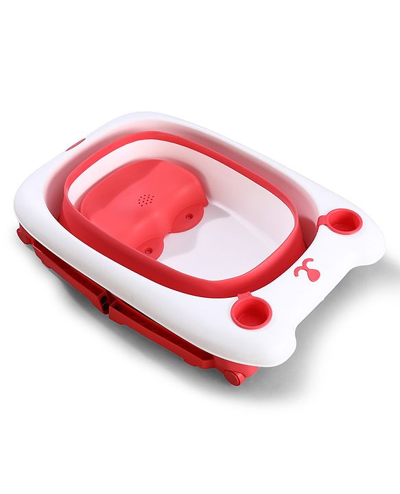 Babyhug 2-in-1 Foldable Baby Bath Tub with Bathing Chair & Soft Cushion - Red| Anti-Slip Base| Space-Saving Design| Comfortable & Safe for Newborns to Toddlers| 0-3 Years