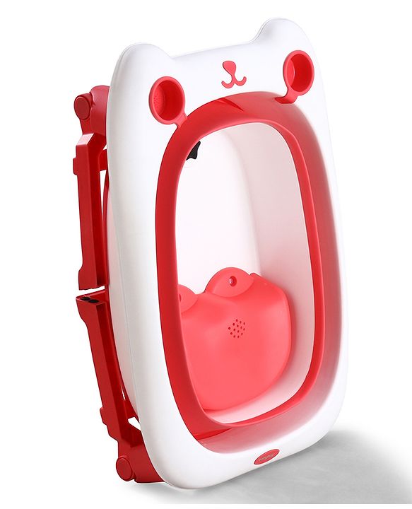 Babyhug 2-in-1 Foldable Baby Bath Tub with Bathing Chair & Soft Cushion - Red| Anti-Slip Base| Space-Saving Design| Comfortable & Safe for Newborns to Toddlers| 0-3 Years