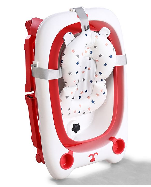 Babyhug 2-in-1 Foldable Baby Bath Tub with Bathing Chair & Soft Cushion - Red| Anti-Slip Base| Space-Saving Design| Comfortable & Safe for Newborns to Toddlers| 0-3 Years