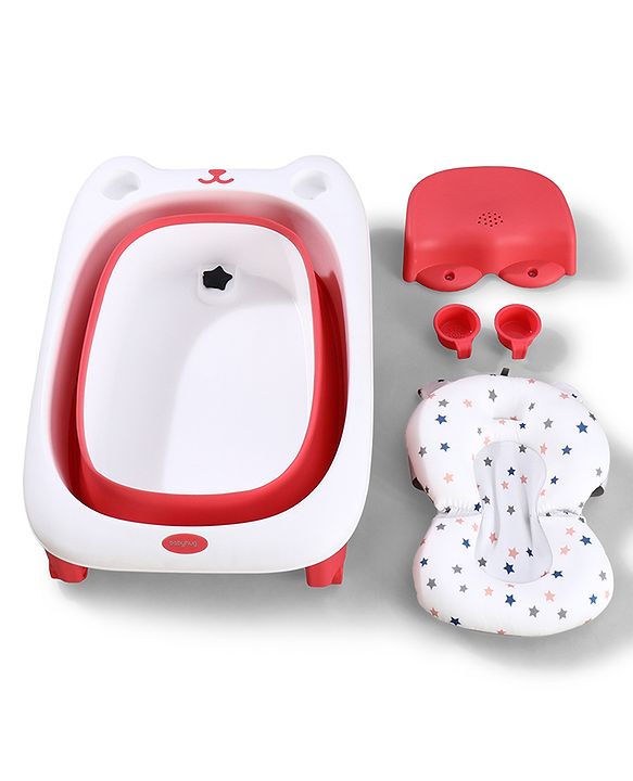 Babyhug 2-in-1 Foldable Baby Bath Tub with Bathing Chair & Soft Cushion - Red| Anti-Slip Base| Space-Saving Design| Comfortable & Safe for Newborns to Toddlers| 0-3 Years