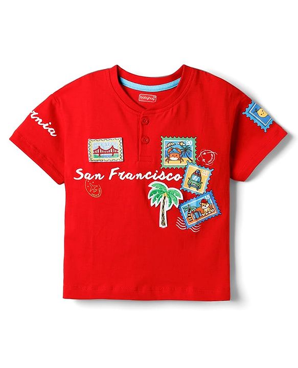 Babyhug 100% Cotton Knit Half Sleeves T-Shirt With Print & Patch Detailing - Red