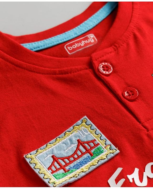 Babyhug 100% Cotton Knit Half Sleeves T-Shirt With Print & Patch Detailing - Red