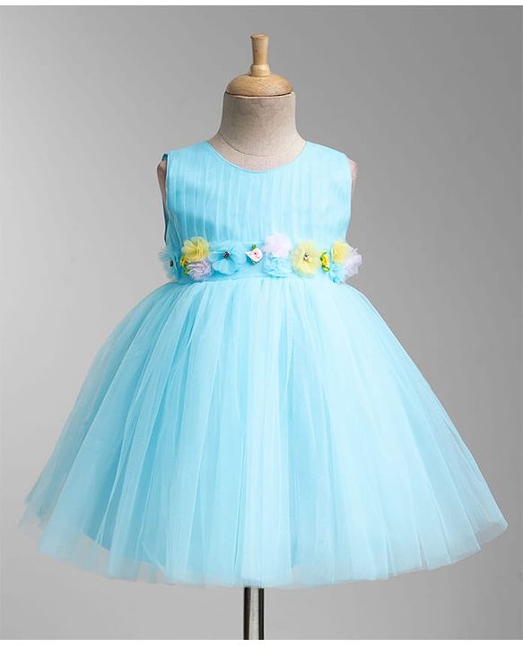 Babyhug Woven Sleeveless Fit & Flare Mesh Party Dress with Corsage  Detailing - Light Blue