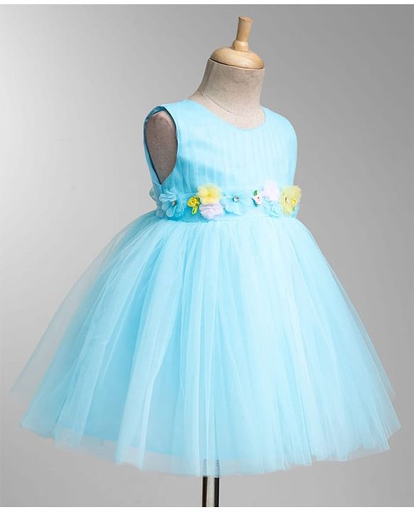 Babyhug Woven Sleeveless Fit & Flare Mesh Party Dress with Corsage  Detailing - Light Blue