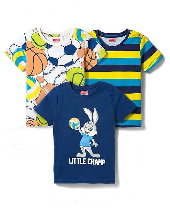 Babyhug Cotton Knit Half Sleeves Striped Ball & Bunny Printed T-Shirts Pack of 3 - Blue White & Yellow