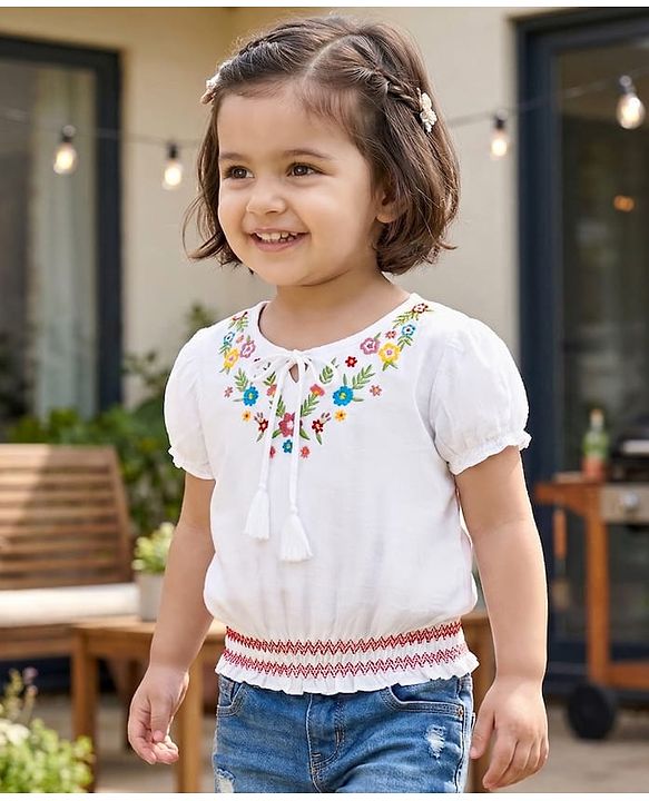 Babyhug 100% Cotton Woven Half Sleeves Top With Floral Embroidery Detailing-Multicolour