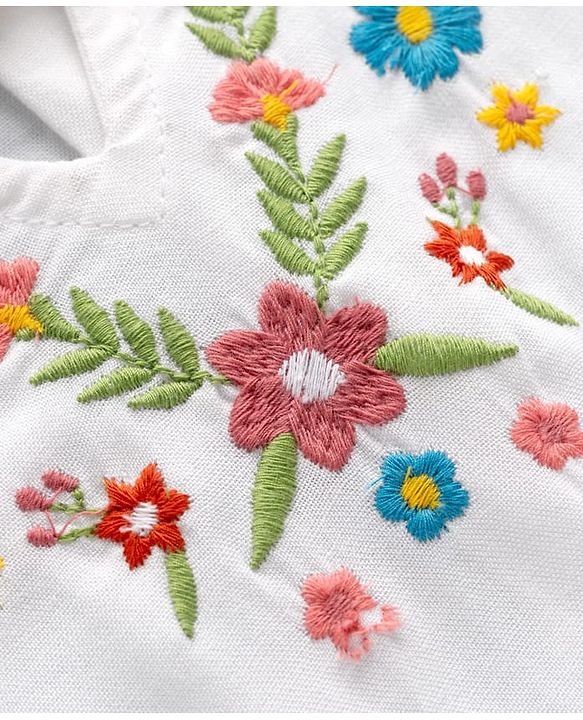 Babyhug 100% Cotton Woven Half Sleeves Top With Floral Embroidery Detailing-Multicolour