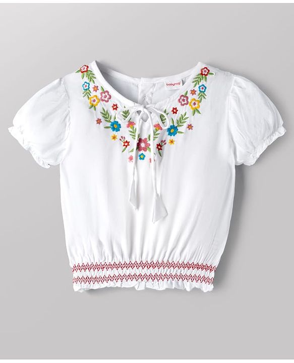 Babyhug 100% Cotton Woven Half Sleeves Top With Floral Embroidery Detailing-Multicolour