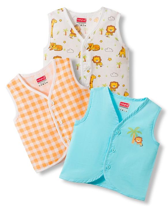 Babyhug 100% Cotton Woven Sleeveless Checks & Animal Printed Jhablas Pack of  3 - Multicolour