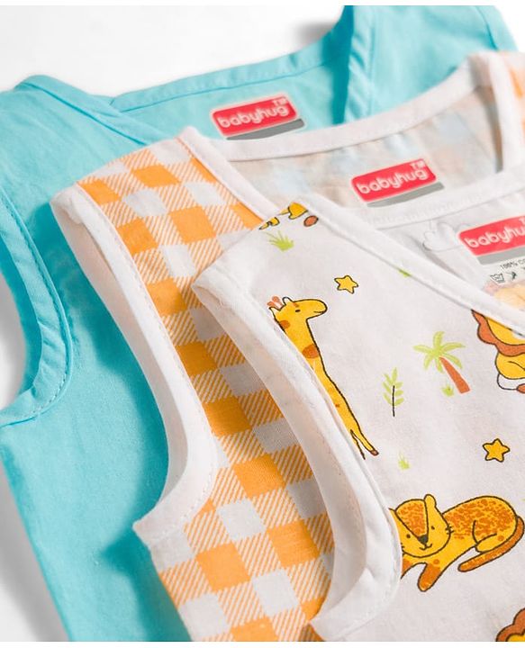 Babyhug 100% Cotton Woven Sleeveless Checks & Animal Printed Jhablas Pack of  3 - Multicolour