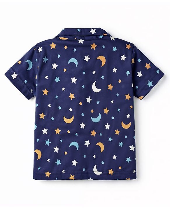 Babyhug Cotton Knit Half Sleeves Shirt & Shorts Co-ord Night Suit With Star & Moon Print - Navy Blue