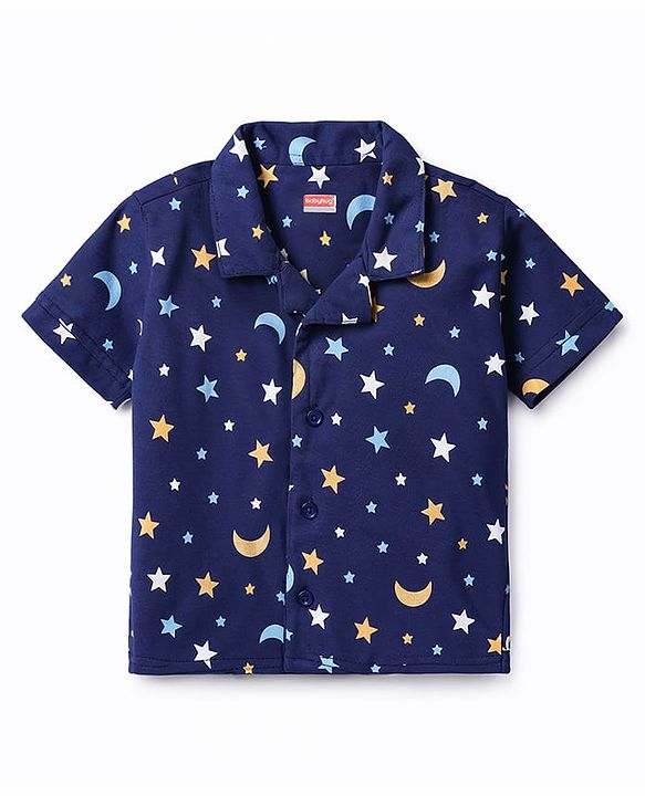 Babyhug Cotton Knit Half Sleeves Shirt & Shorts Co-ord Night Suit With Star & Moon Print - Navy Blue