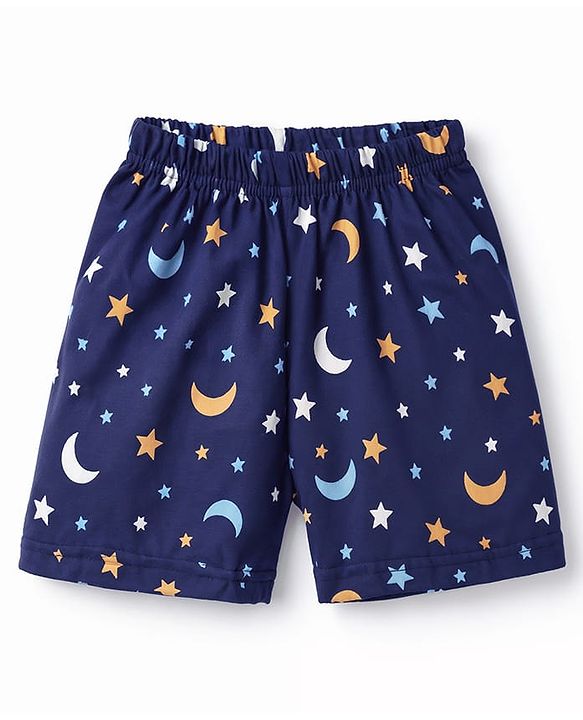 Babyhug Cotton Knit Half Sleeves Shirt & Shorts Co-ord Night Suit With Star & Moon Print - Navy Blue