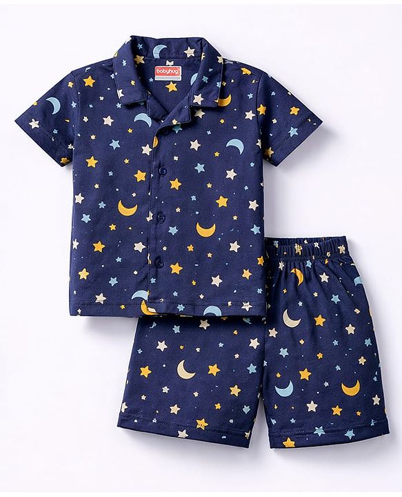 Babyhug Cotton Knit Half Sleeves Shirt & Shorts Co-ord Night Suit With Star & Moon Print - Navy Blue