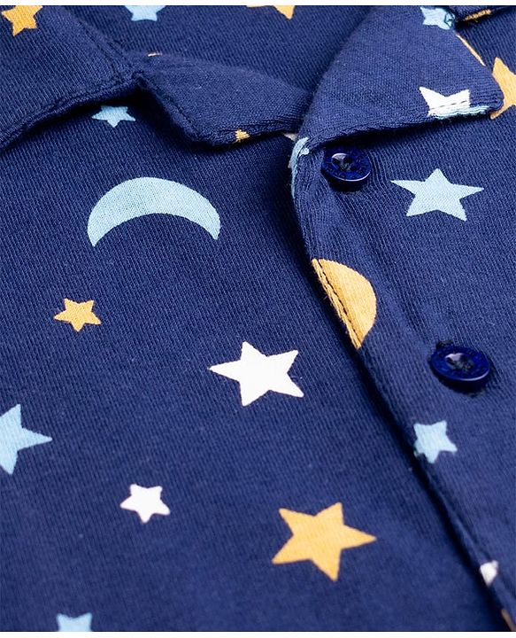 Babyhug Cotton Knit Half Sleeves Shirt & Shorts Co-ord Night Suit With Star & Moon Print - Navy Blue