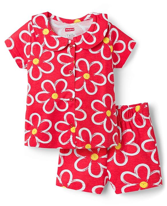 Babyhug Cotton Knit Half Sleeves Top & Shorts Co-Ord Night Suit With Floral Print - Red
