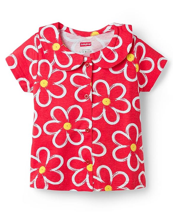 Babyhug Cotton Knit Half Sleeves Top & Shorts Co-Ord Night Suit With Floral Print - Red