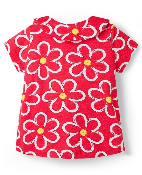 Babyhug Cotton Knit Half Sleeves Top & Shorts Co-Ord Night Suit With Floral Print - Red