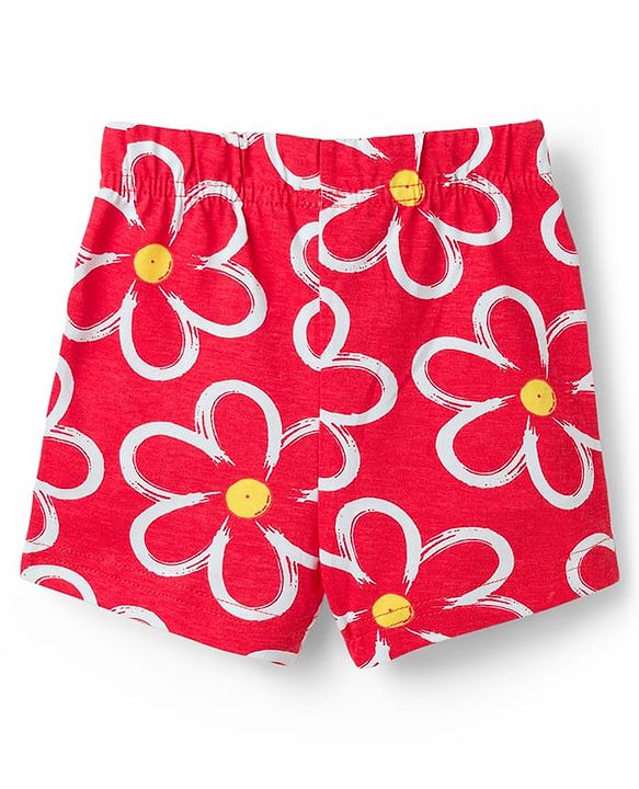 Babyhug Cotton Knit Half Sleeves Top & Shorts Co-Ord Night Suit With Floral Print - Red