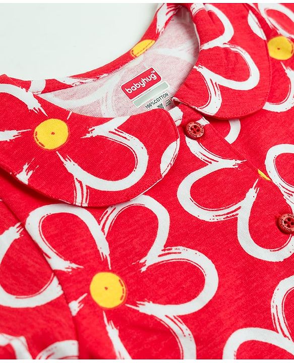 Babyhug Cotton Knit Half Sleeves Top & Shorts Co-Ord Night Suit With Floral Print - Red