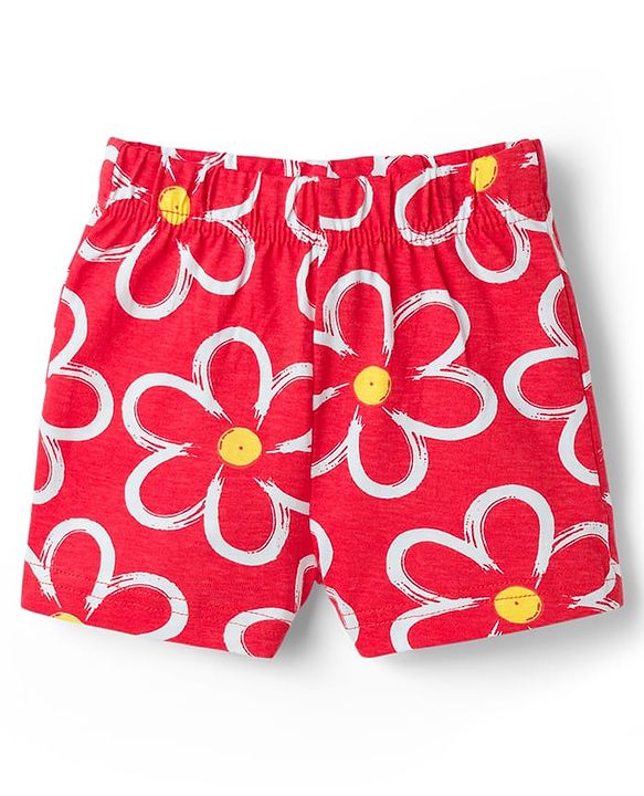 Babyhug Cotton Knit Half Sleeves Top & Shorts Co-Ord Night Suit With Floral Print - Red