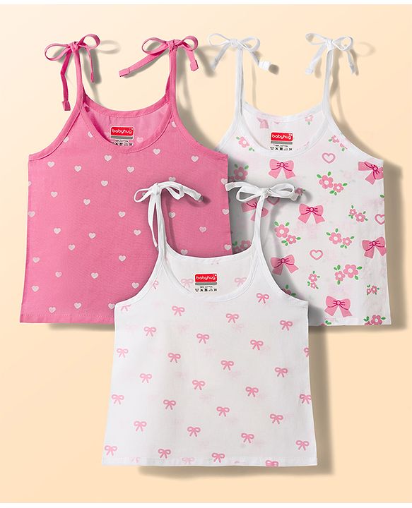 Babyhug 100% Cotton Cambric Woven Shoulder Tie Knot Sleeveless Jhablas With Bow Floral & Heart Print Pack of 3 - Multicolor