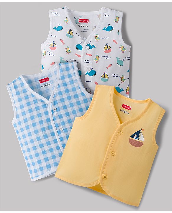 Babyhug 100% Cotton Cambric Woven Sleeveless Front Open Jhablas With Sea Life Print Pack of 3 - Multicolor