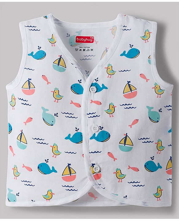 Babyhug 100% Cotton Cambric Woven Sleeveless Front Open Jhablas With Sea Life Print Pack of 3 - Multicolor