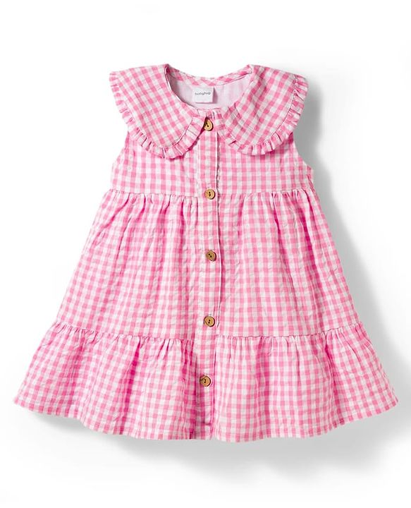 Babyhug Cotton Woven Sleeveless Tiered Peter Pan Collared Checks One Piece Frock  With Sling Bag & Bow Applique - Pink
