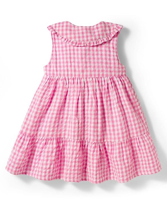 Babyhug Cotton Woven Sleeveless Tiered Peter Pan Collared Checks One Piece Frock  With Sling Bag & Bow Applique - Pink