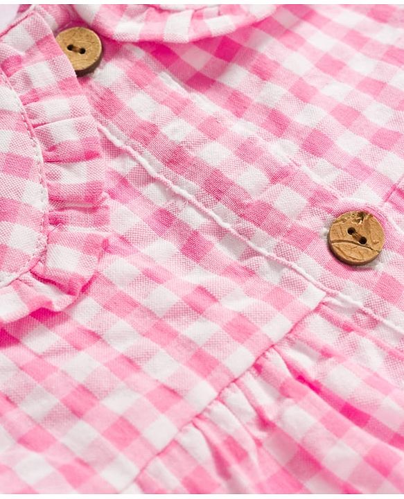 Babyhug Cotton Woven Sleeveless Tiered Peter Pan Collared Checks One Piece Frock  With Sling Bag & Bow Applique - Pink