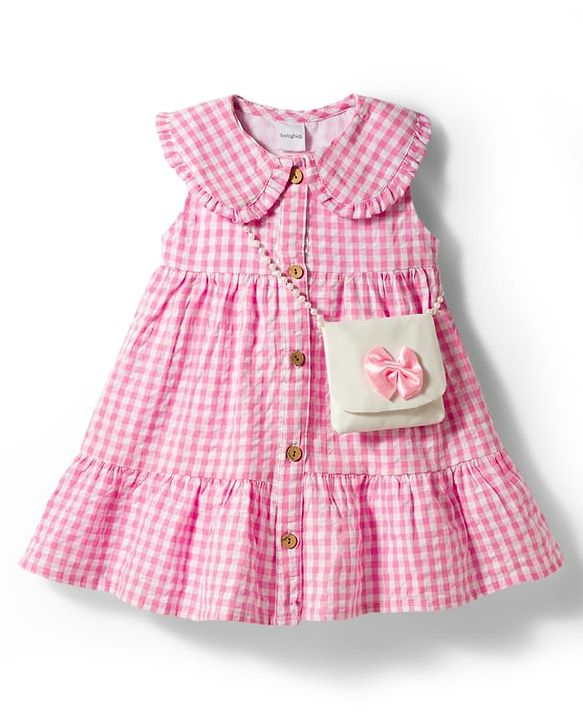 Babyhug Cotton Woven Sleeveless Tiered Peter Pan Collared Checks One Piece Frock  With Sling Bag & Bow Applique - Pink