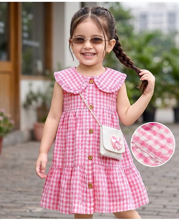 Babyhug Cotton Woven Sleeveless Tiered Peter Pan Collared Checks One Piece Frock  With Sling Bag & Bow Applique - Pink