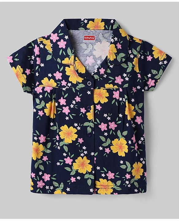 Babyhug Cotton Knit Half Sleeves Co-Ord Top & Shorts Night-Suit With Floral Print - Navy Blue