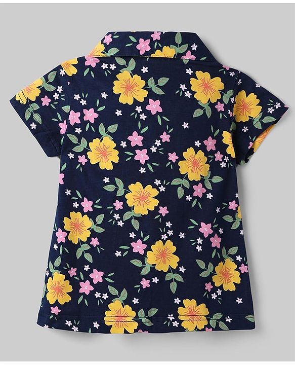 Babyhug Cotton Knit Half Sleeves Co-Ord Top & Shorts Night-Suit With Floral Print - Navy Blue