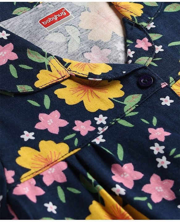 Babyhug Cotton Knit Half Sleeves Co-Ord Top & Shorts Night-Suit With Floral Print - Navy Blue