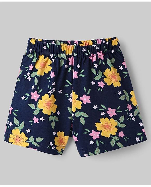 Babyhug Cotton Knit Half Sleeves Co-Ord Top & Shorts Night-Suit With Floral Print - Navy Blue