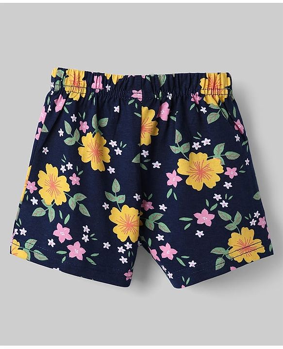 Babyhug Cotton Knit Half Sleeves Co-Ord Top & Shorts Night-Suit With Floral Print - Navy Blue