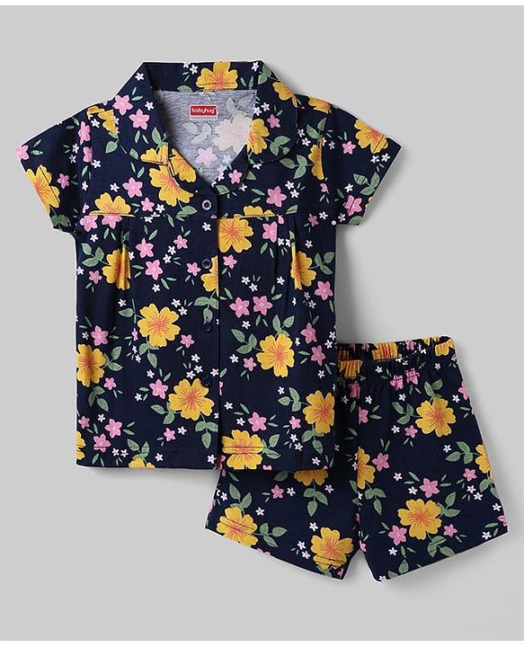 Babyhug Cotton Knit Half Sleeves Co-Ord Top & Shorts Night-Suit With Floral Print - Navy Blue
