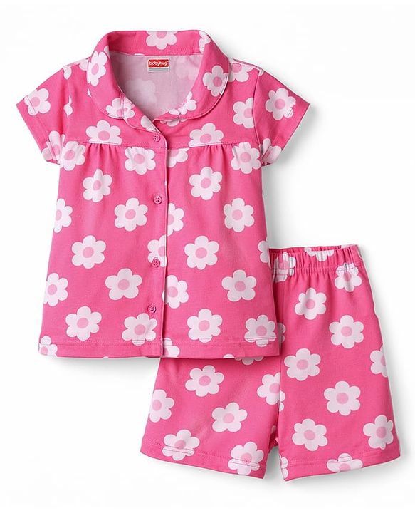 Babyhug Cotton Knit Half Sleeves Co-Ord Top & Shorts Night-Suit With Floral Print - Pink